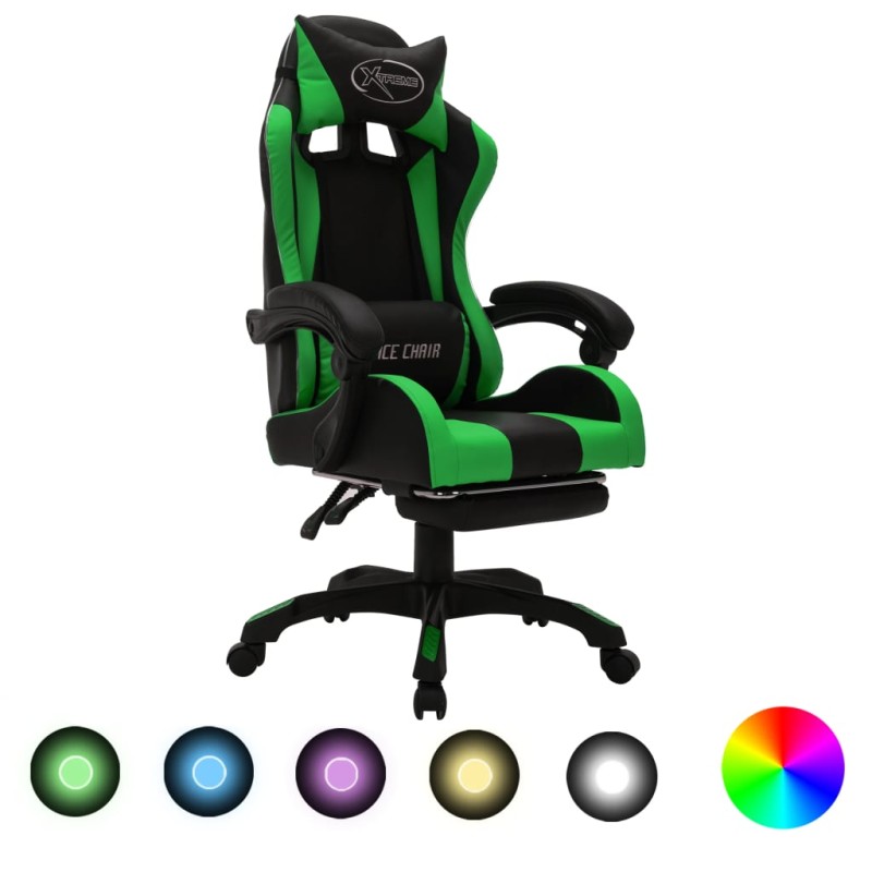    Sedia da Gaming con Luci a LED RGB Verde e Nera in Similpelle