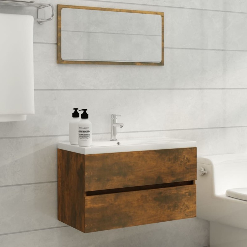 Mobile Bagno con Lavabo Integrato Rovere Fumo Legno ingegnerizzato