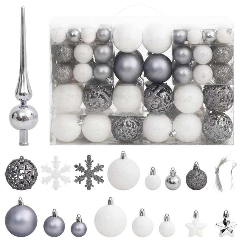 vidaXL Set Palline di Natale 111 pz Bianco e Grigio in Polistirene