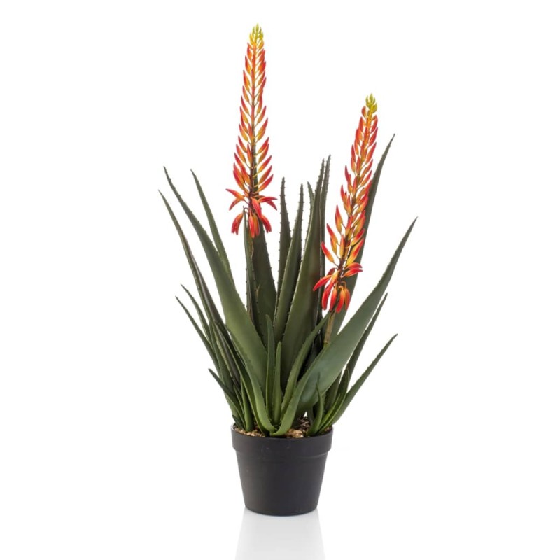 Emerald Aloe Artificiale con 2 Fiori 80 cm in Vaso