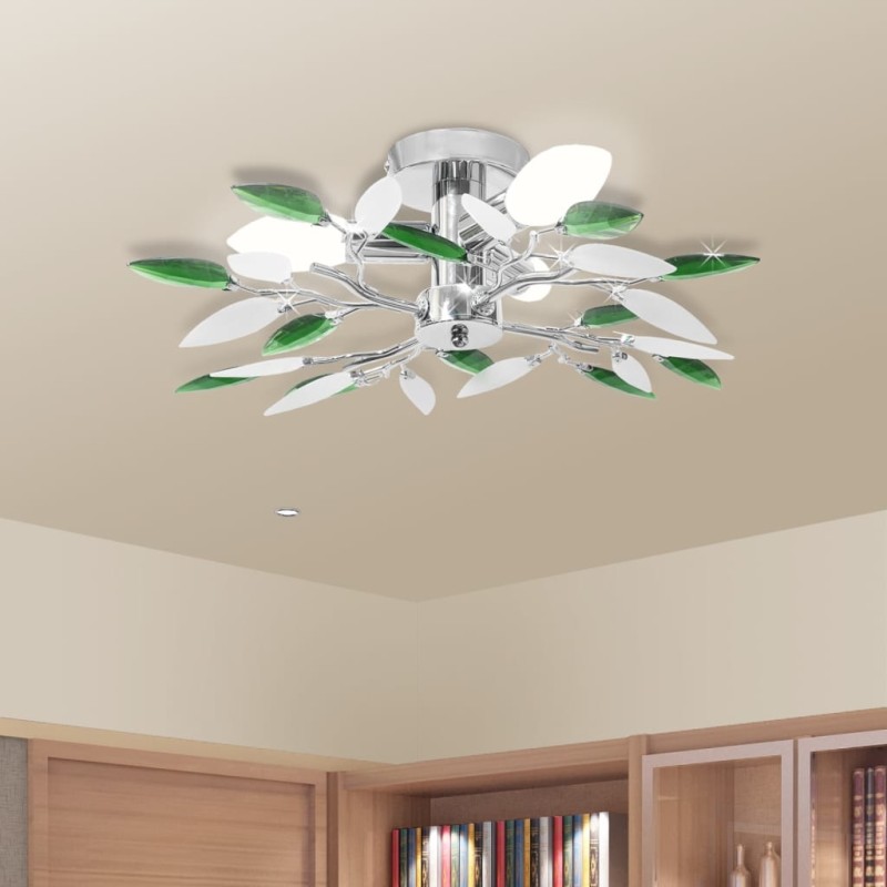 vidaXL Lampada Soffitto Foglie Bianco e Verde Cristallo Acrilico 3xE14