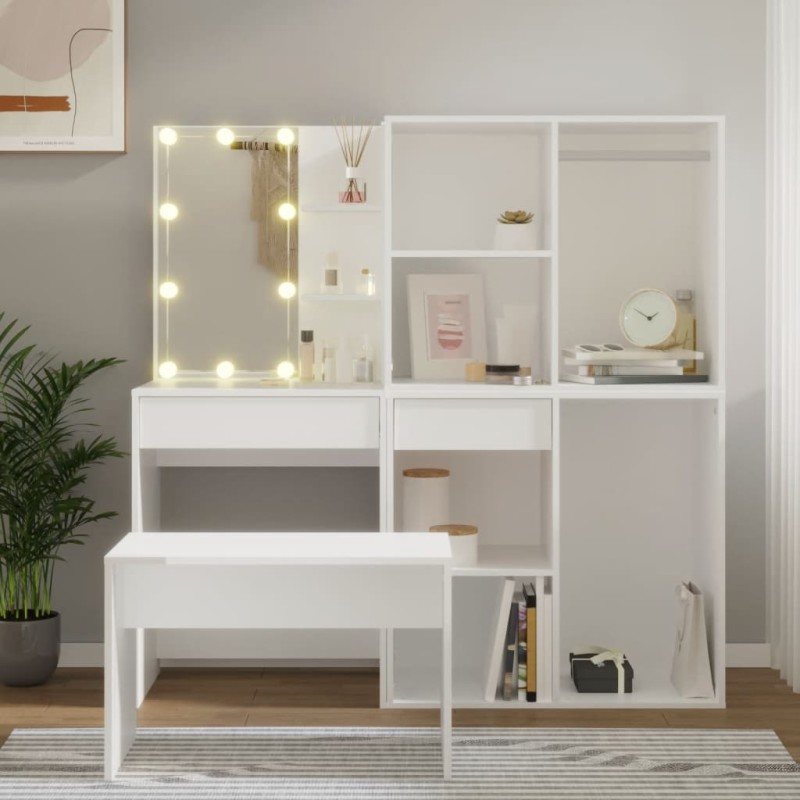 vidaXL Set Tavolo da Toeletta Bianco con LED in Legno ingegnerizzato