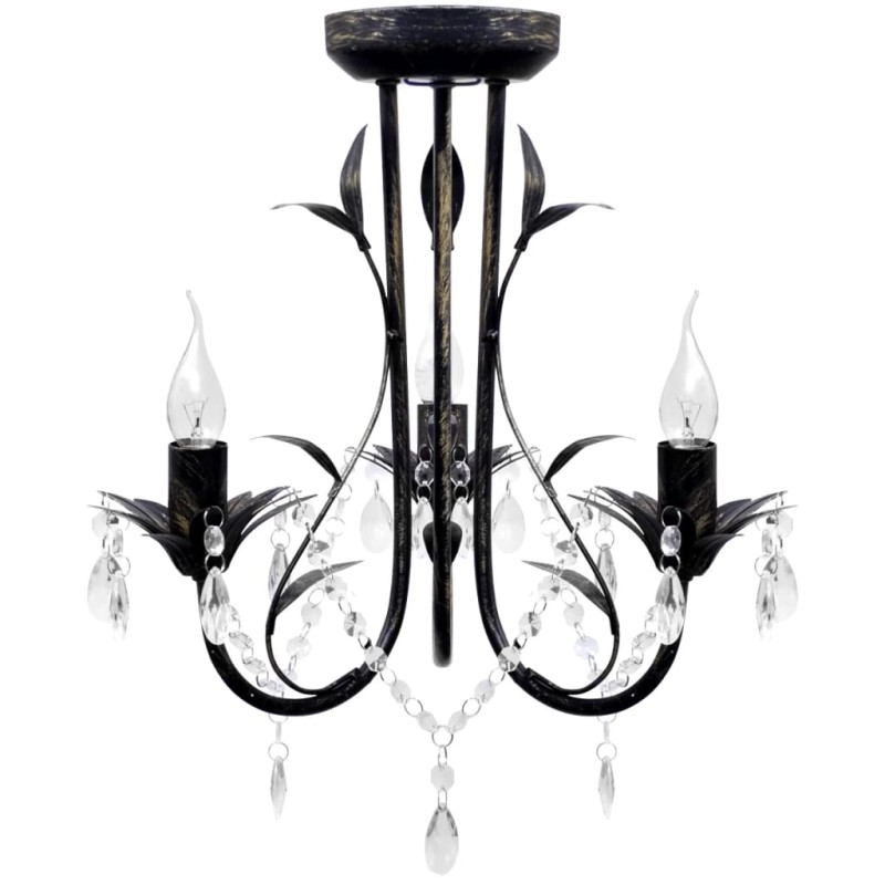 Lampadario Art Nouveau Nero Metallo Perline Cristallo e Lampadine E14