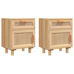   Comodini 2 pz Marroni Legno Massello di Pino e Rattan Naturale