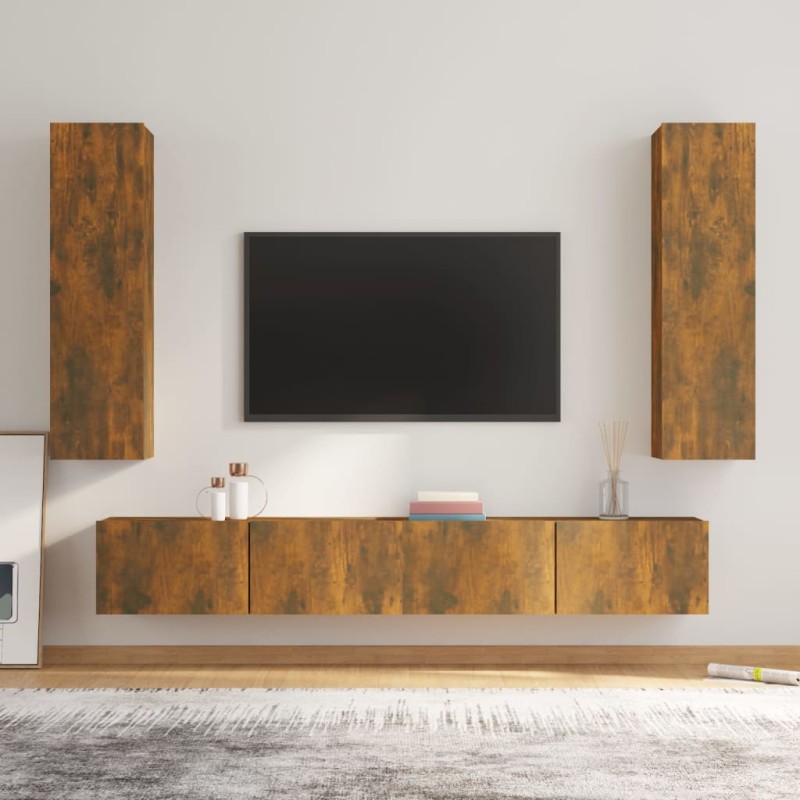 Set di Mobili Porta TV 4 pz Rovere Fumo in Legno ingegnerizzato