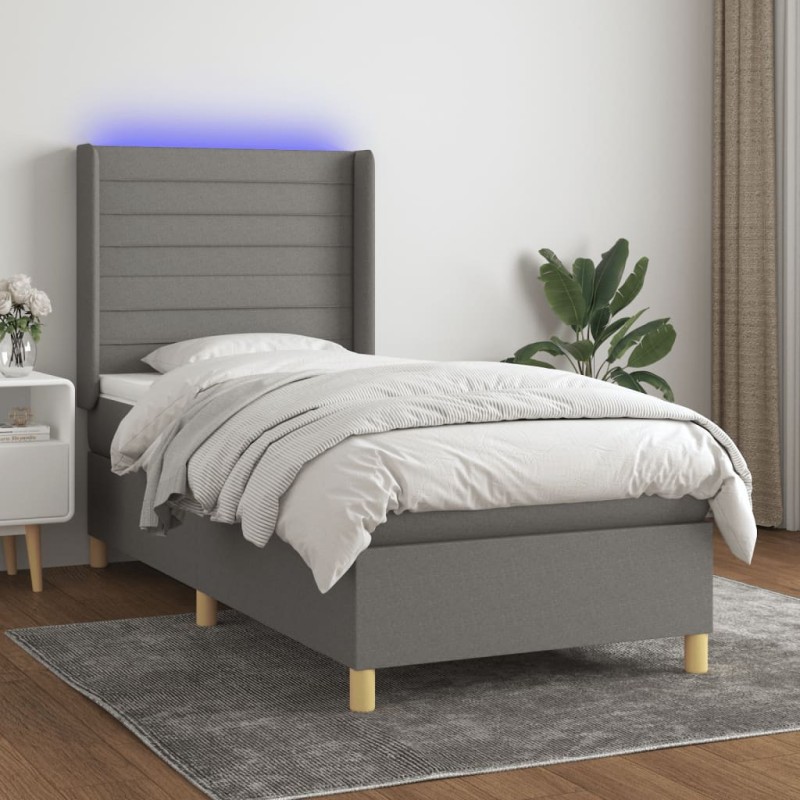 Letto a Molle Materasso e LED Grigio Scuro 80x200 cm in Tessuto