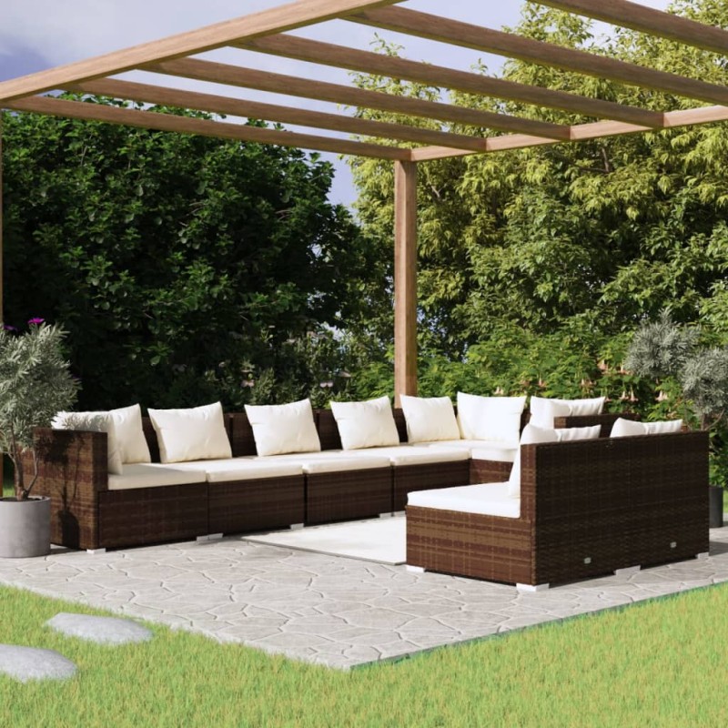 vidaXL Set Divani da Giardino 8 pz con Cuscini in Polyrattan Marrone