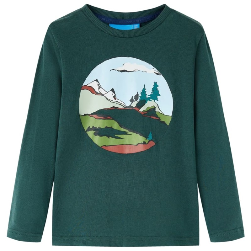 Maglietta da Bambino Maniche Lunghe Montagne e Alberi Verde Scuro 116