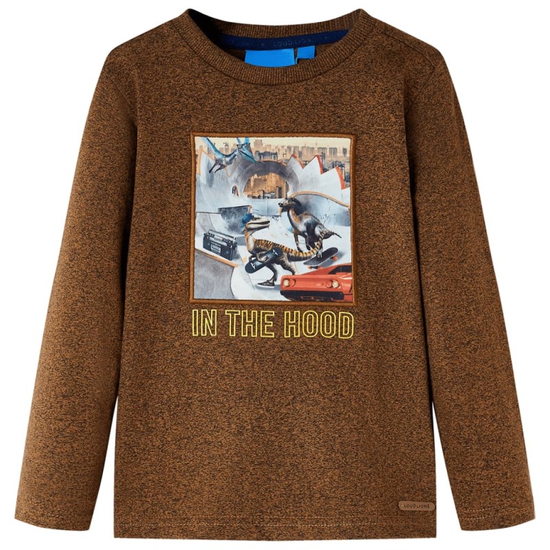 Maglietta Bambini Maniche Lunghe Stampa Dinosauro Cognac Mélange 92