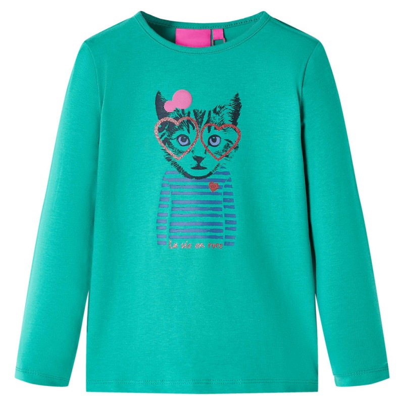 Maglietta Bambina Maniche Lunghe con Stampa Gatto Verde Brillante 128