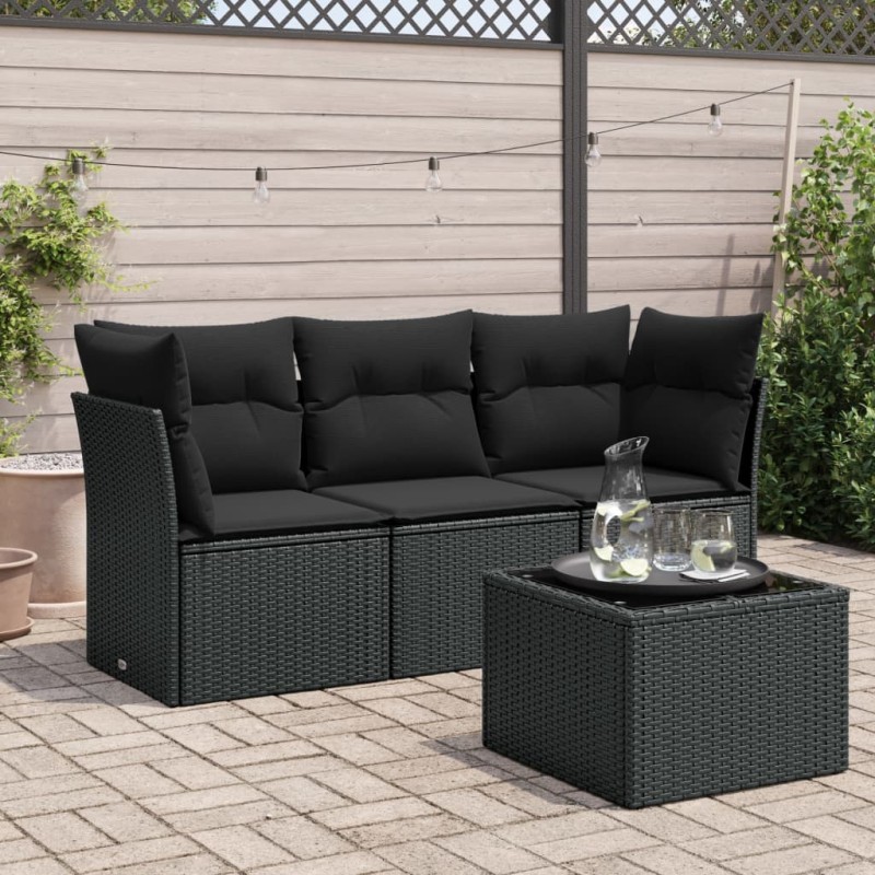 vidaXL Set Divani da Giardino 4 pz con Cuscini Nero in Polyrattan