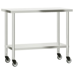 vidaXL Tavolo da Lavoro Cucina con Ruote 110x55x85 cm in Acciaio Inox