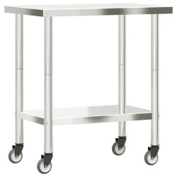 vidaXL Tavolo da Lavoro Cucina con Ruote 82,5x55x85 cm in Acciaio Inox