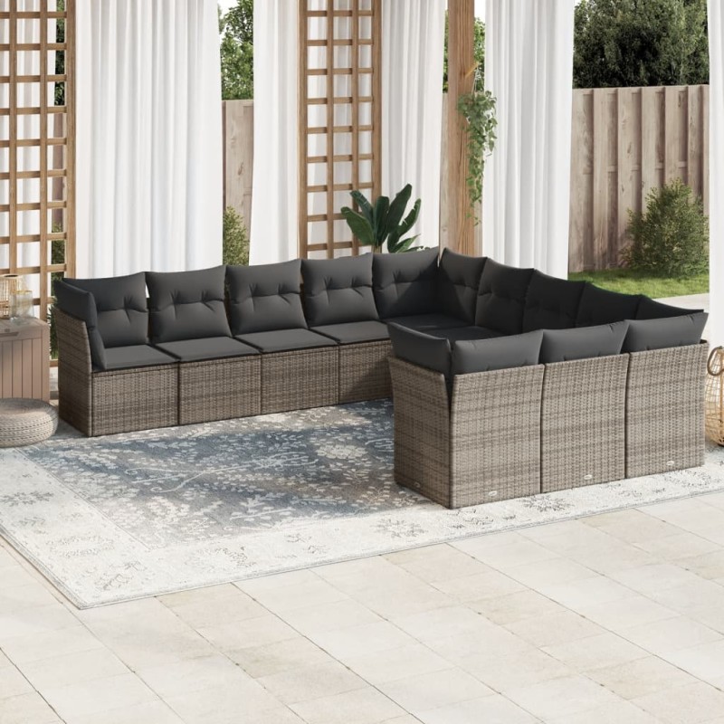 vidaXL Set Divani da Giardino 11 pz con Cuscini in Polyrattan Grigio