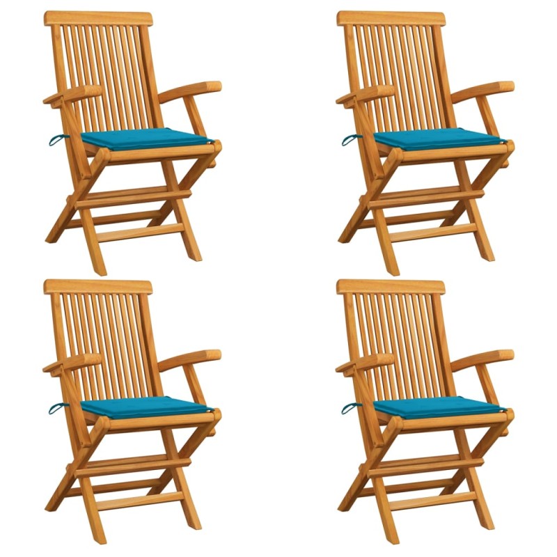 Sedie da Giardino con Cuscini Blu 4 pz Massello di Teak