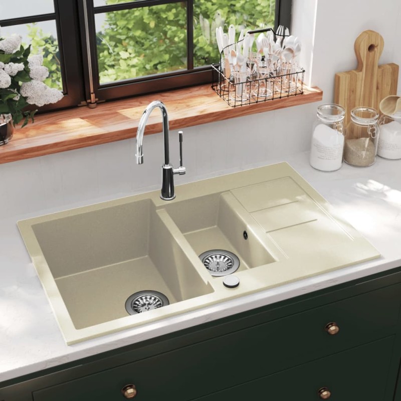 vidaXL Lavello da Cucina in Granito Vasca Doppia Beige