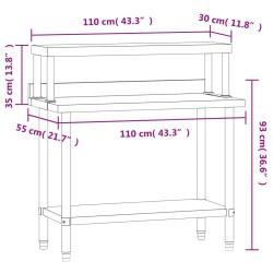 vidaXL Tavolo Lavoro Cucina con Ripiano 110x55x120 cm Acciaio Inox