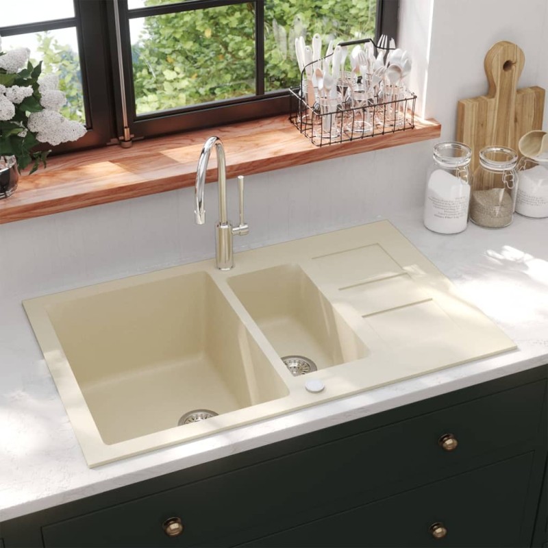 vidaXL Lavello Doppio da Cucina Beige in Granito