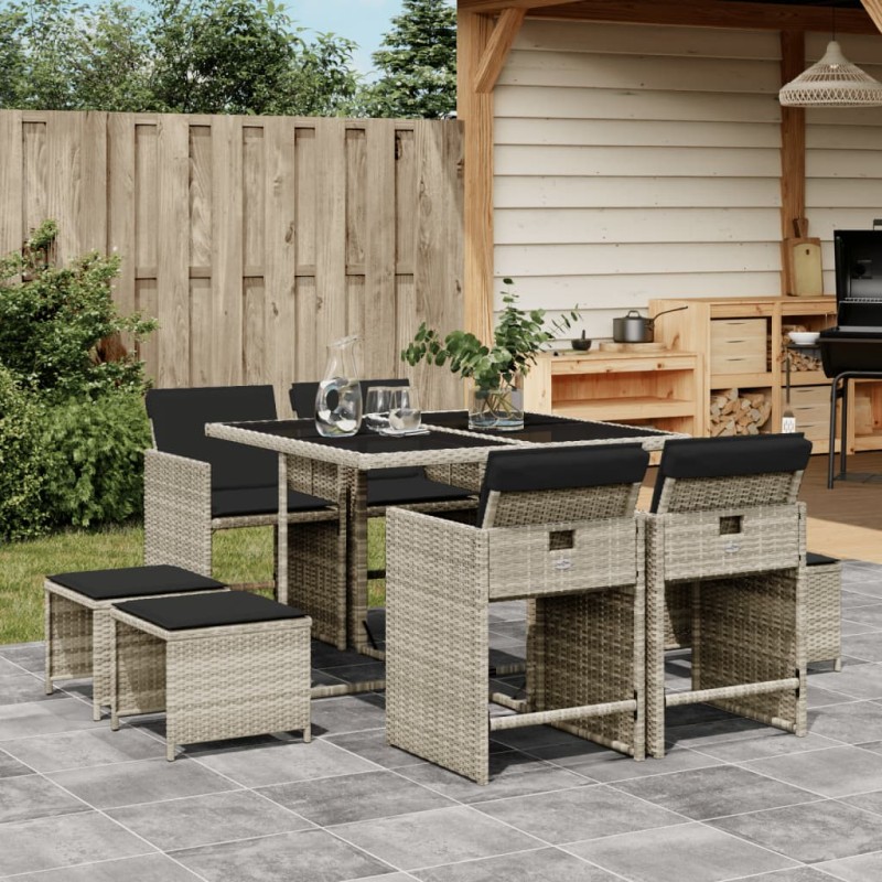 vidaXL Set Pranzo da Giardino 9pz con Cuscini Grigio Chiaro Polyrattan