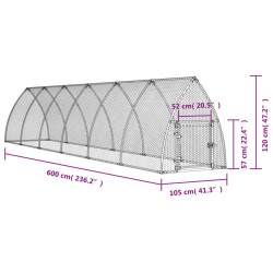 vidaXL Gabbia per Polli Argento 600x105x120 cm in Acciaio Zincato