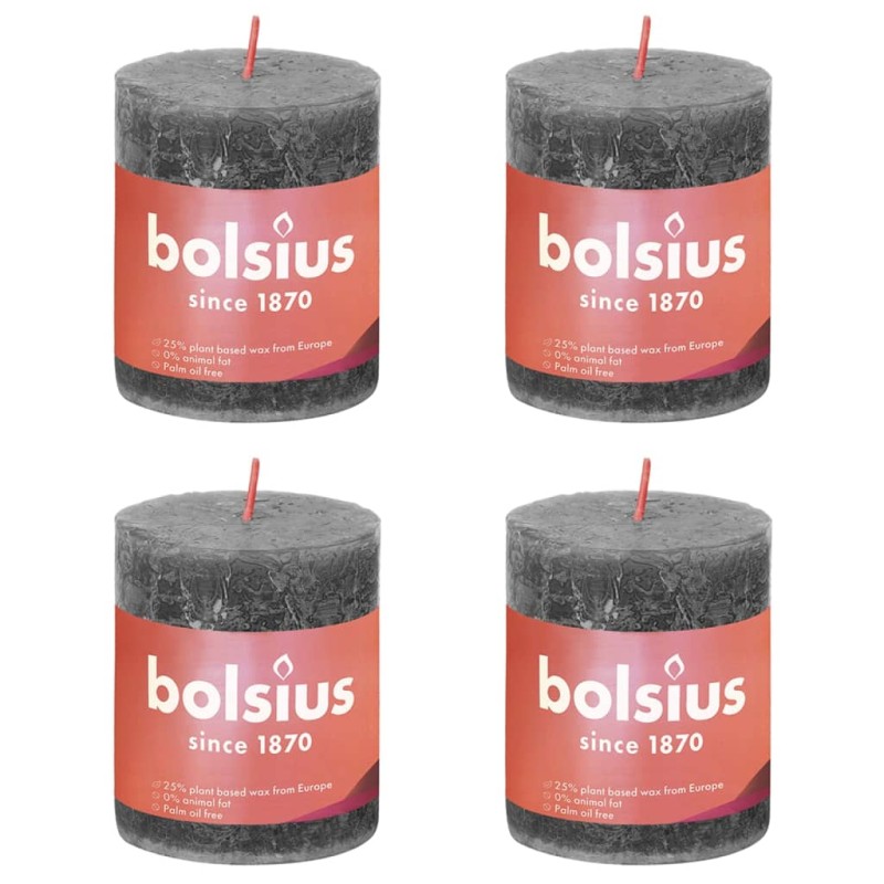 Bolsius Candele Rustiche a Colonna Shine 4 pz 80x68 mm Grigio Tempesta