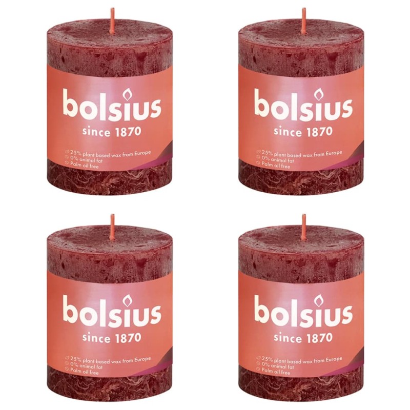 Bolsius Candele Rustiche a Colonna Shine 4 pz 80x68 mm Rosso Vellutato