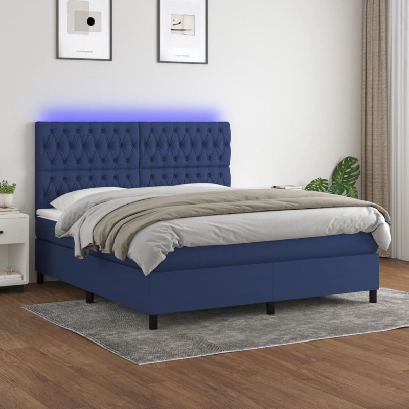 Letto a Molle con Materasso e LED Blu 160x200 cm in Tessuto