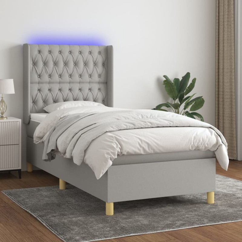 vidaXL Letto a Molle Materasso e LED Grigio Chiaro 90x190 cm Tessuto