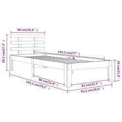 vidaXL Giroletto Bianco in Legno Massello 90x190 cm 3FT Singolo