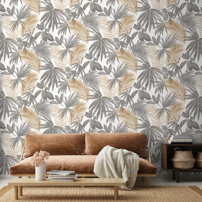 DUTCH WALLCOVERINGS Carta da Parati Wild Palms Grigio e Beige