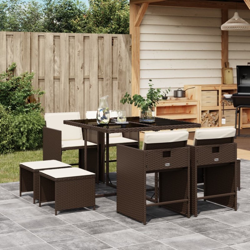 vidaXL Set da Pranzo da Giardino 9pz con Cuscini Marrone in Polyrattan