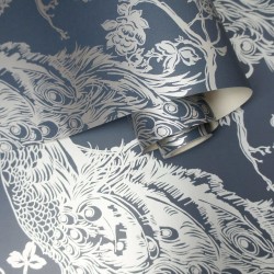 DUTCH WALLCOVERINGS Carta da Parati Pavone Blu Marino e Argento