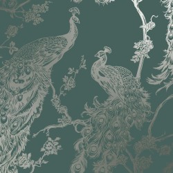 DUTCH WALLCOVERINGS Carta da Parati Pavone Verde e Argento