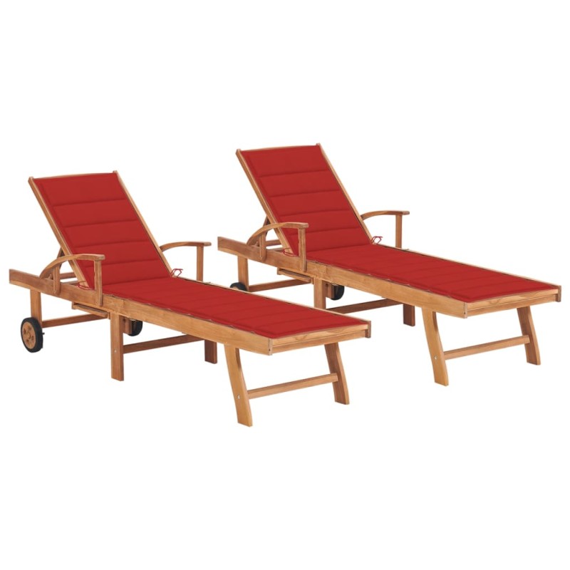 Lettini Prendisole 2 pz Cuscino Rosso Legno Massello di Teak