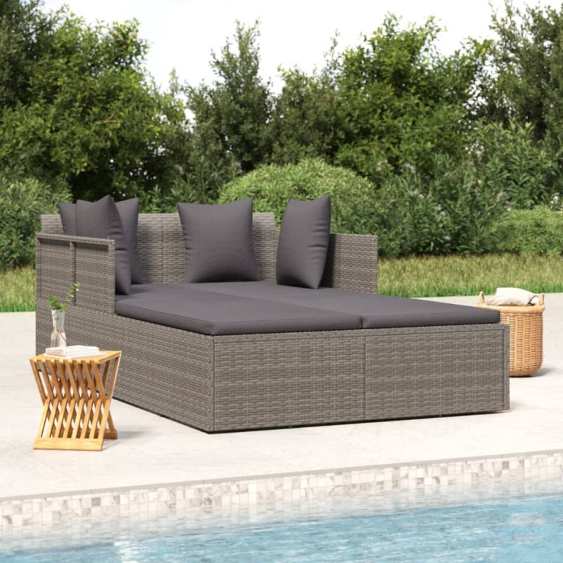 Lettino con Cuscini Grigio 182x118x63 cm in Polyrattan