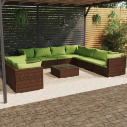 Set Divani da Giardino 10 pz con Cuscini in Polyrattan Marrone