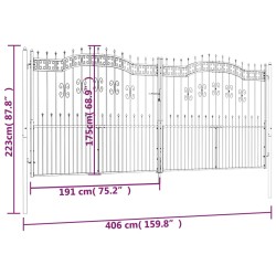 Recinzione Cancello con Punta a Lancia Nera 406x223cm Acciaio