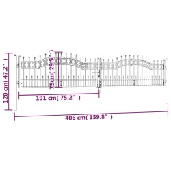 Recinzione Cancello con Punta a Lancia Nera 406x120cm Acciaio