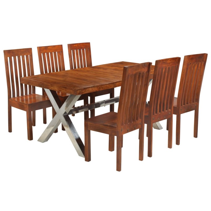 Set Tavolo da Pranzo 7 pz Legno Massello di Acacia e Sheesham