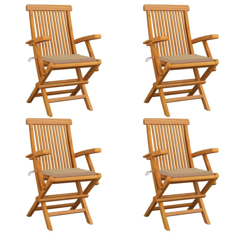 Sedie da Giardino con Cuscini Beige 4 pz Massello di Teak