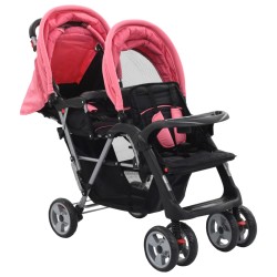 vidaXL Passeggino Gemellare a Tandem Rosa e Nero in Acciaio