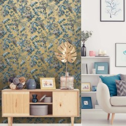 DUTCH WALLCOVERINGS Carta da Parati Foglie e Uccelli Blu e Oro