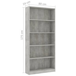 vidaXL Libreria a 5 Ripiani Grigio Cemento 80x24x175 cm in Truciolato