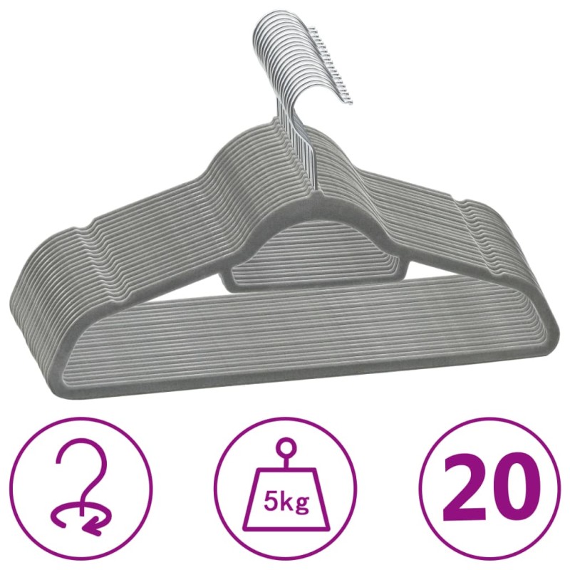 vidaXL Set Appendiabiti 20 pz Antiscivolo Grigio in Velluto