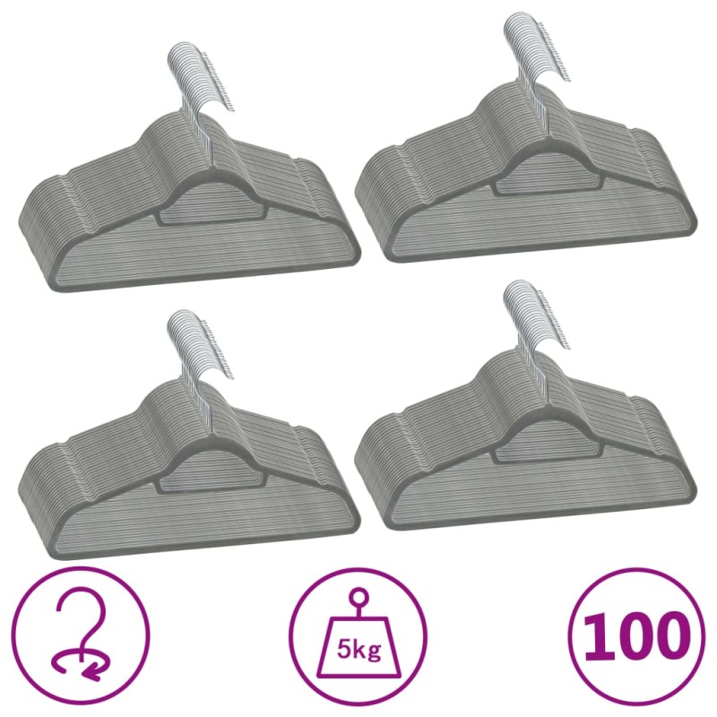 vidaXL Set Appendiabiti 100 pz Antiscivolo Grigio in Velluto