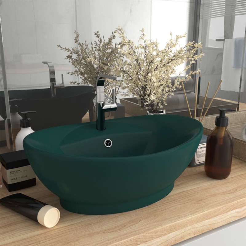 vidaXL Lavabo Troppopieno Ovale Verde Scuro Opaco 58,5x39cm Ceramica