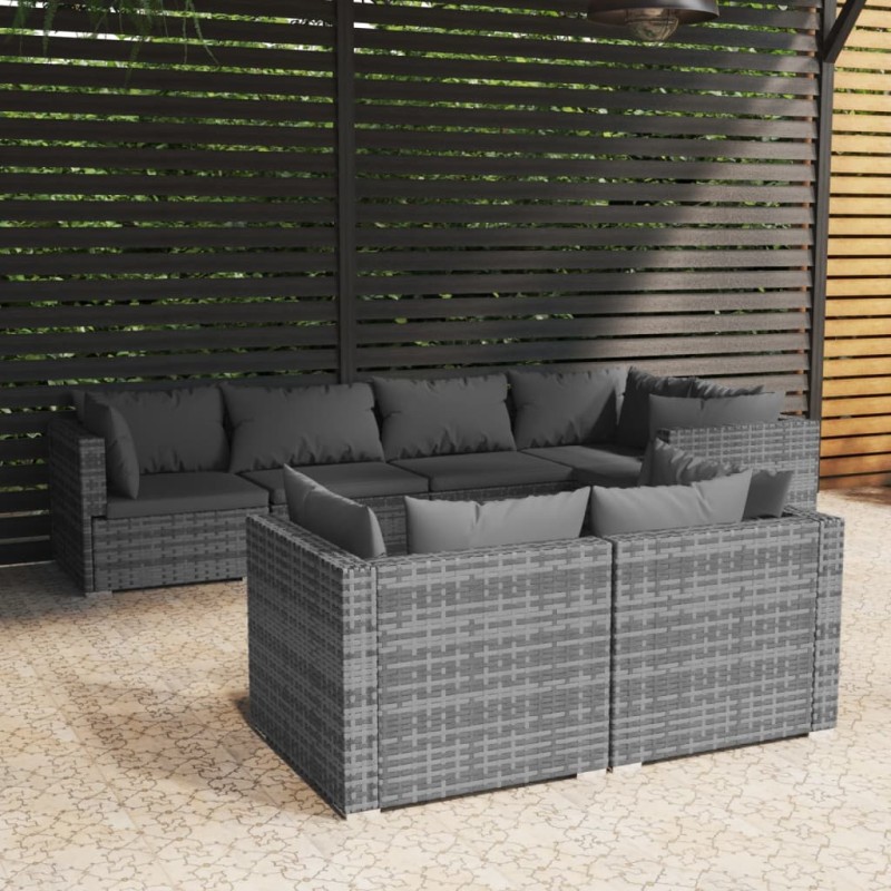 Set Divani da Giardino 7 pz con Cuscini in Polyrattan Grigio