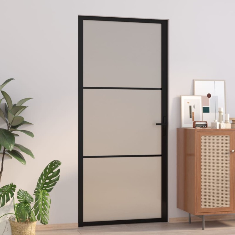 Porta Interna 93x201,5 cm Nero Opaco Vetro e Alluminio