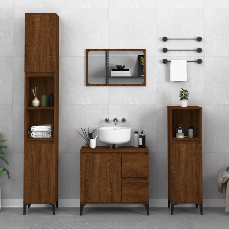 Set Mobili da Bagno 3 pz Rovere Marrone in Legno Ingegnerizzato