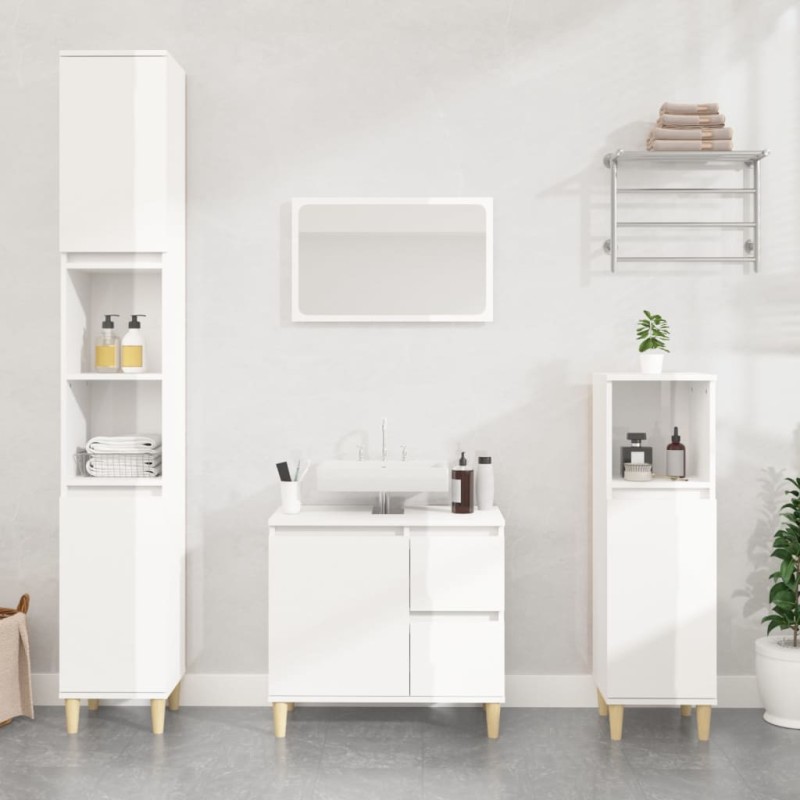 Set Mobili da Bagno 3 pz Bianco Lucido in Legno Ingegnerizzato